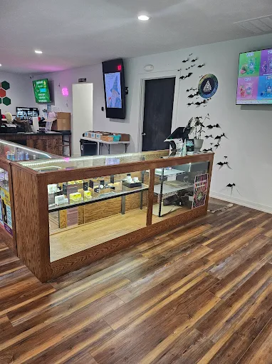 Interior showcasing display cases and Halloween bats decor
